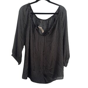 Ann Taylor Womens Blouse XL Black White Polka Dot 3/4 Sleeve Top NWT